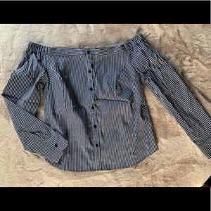 Off the Shoulder Pin Stripe Button Down